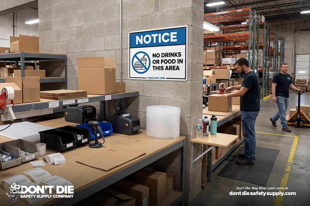 No Food or Drink sign in a warehouse packing work area