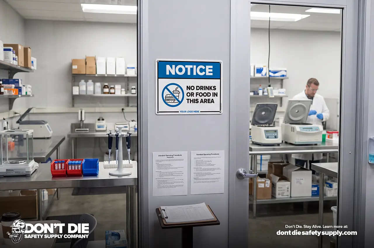 No Food or Drink sign at a laboratory production-room entrance
