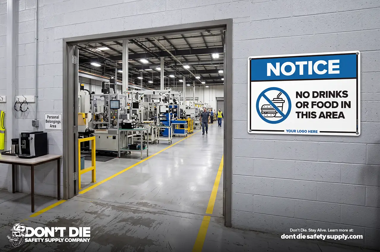 No Food or Drink sign beside a manufacturing-floor entrance