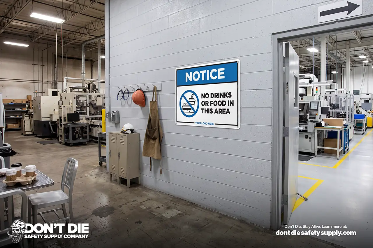 No Food or Drink sign marking an industrial work-area entrance