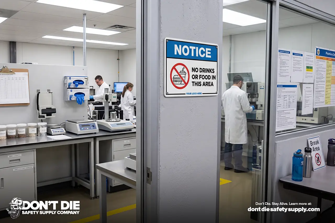 No Food or Drink sign outside a laboratory work zone