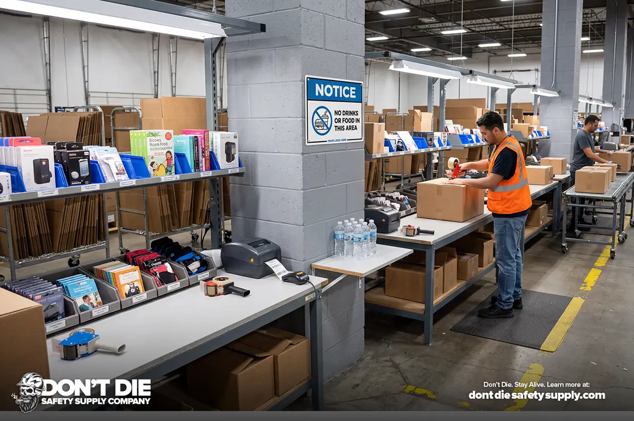No Food or Drink sign in a warehouse packing station