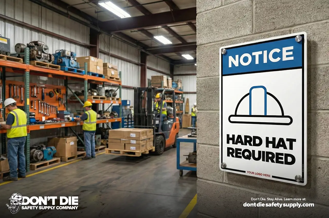Hard Hat Required Workplace Safety Sign Handing on a Wall in a Warehouse