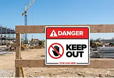 Danger Keep Out Safety Sign Mounted to a Fence on a Construction Site with Heavy Equipment Near By