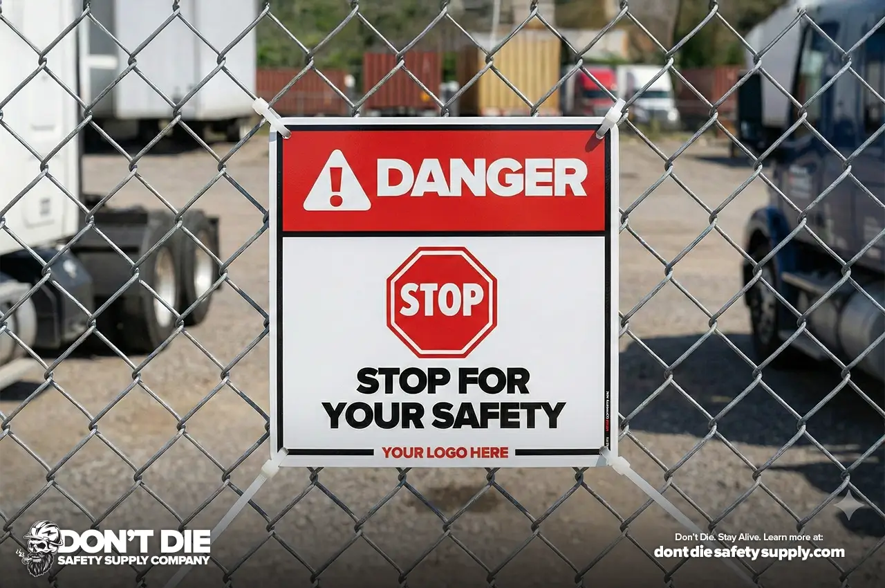 Danger Stop for your Safety Outdoor Sign Mounted to a Chain Linked Fence