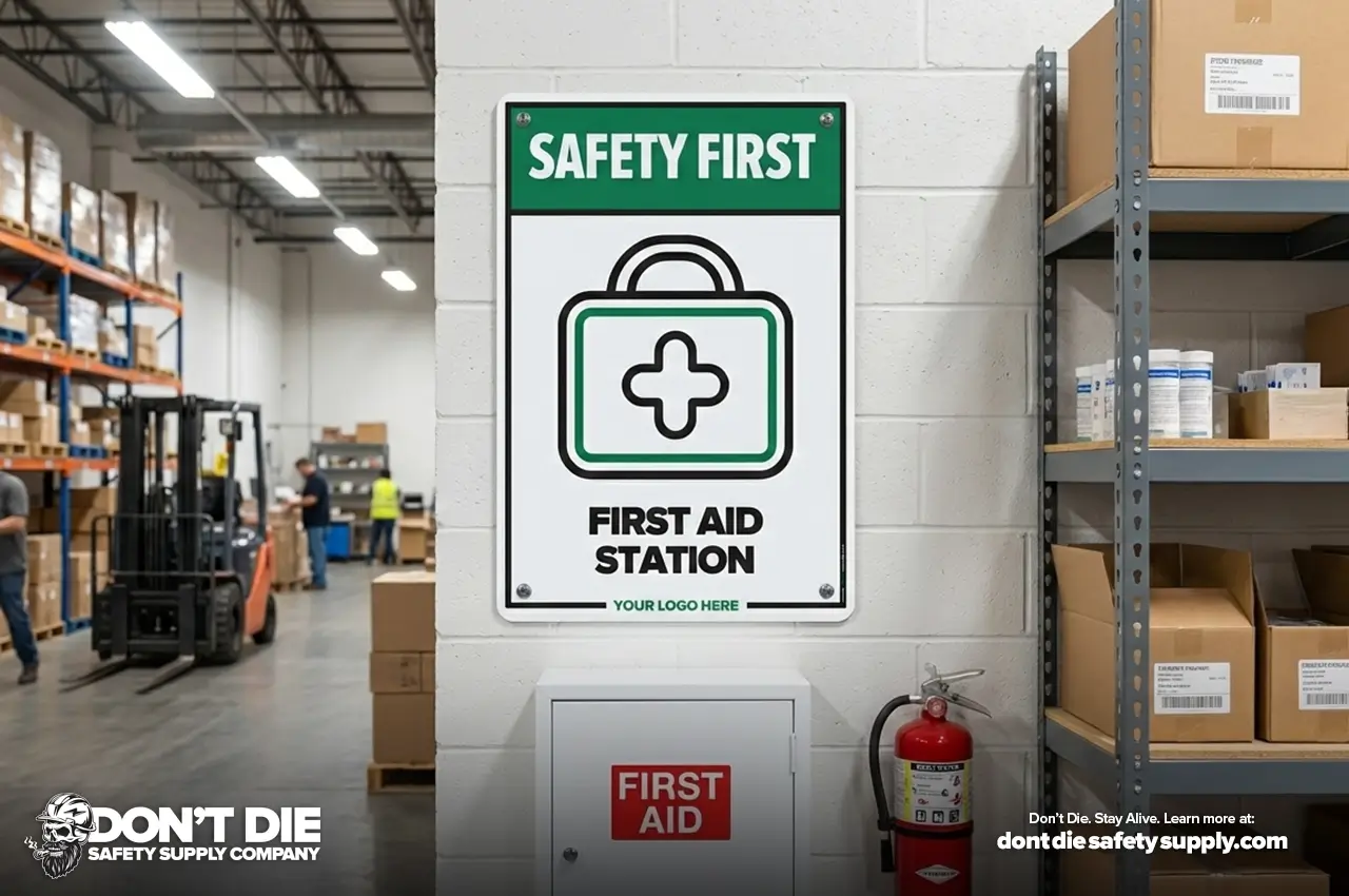 Safety First, First Aid Station Sign Mounted to a Concrete Wall in a Warehouse Facility.