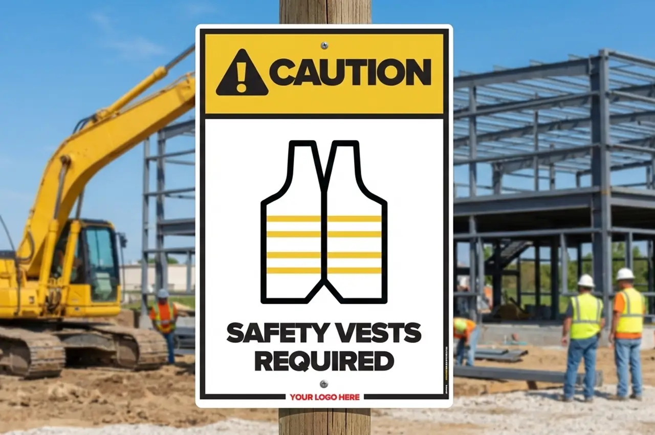 Safety Vest Required Safety Sign Mounted to a Wooden Pole with Nearby Heavy Equipment
