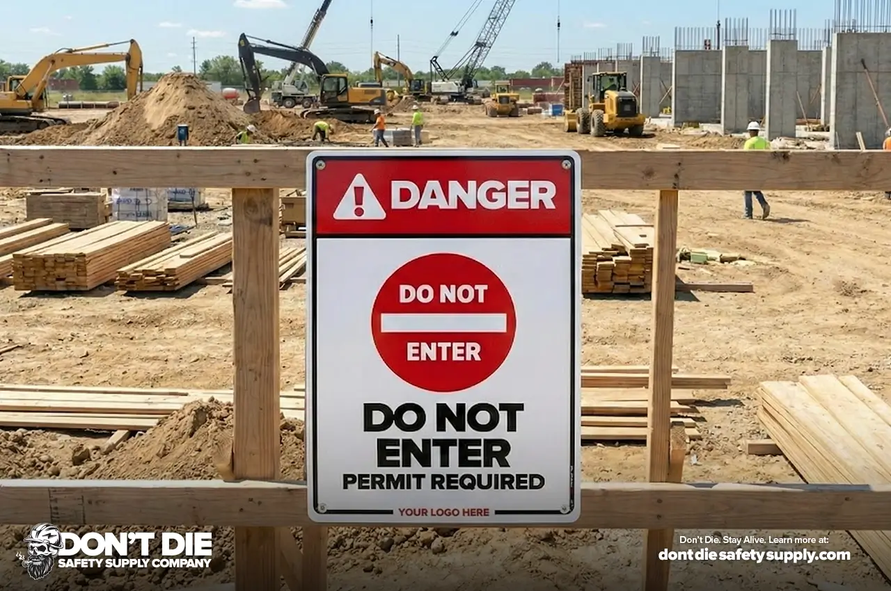 Danger, Do Not Enter Permit Required Safety Sign Mounted to a Fence at a Construction Site with Nearby Heavy Equipment and Workers
