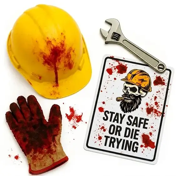 Stay Safe or Die Trying Image with Simulated Blood on a Helmet and Glove