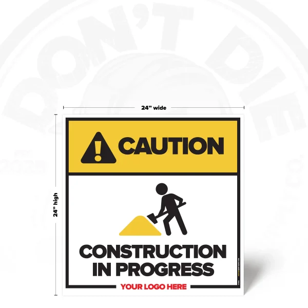 Caution Construction in Progress safety sign, 24 x 24 inch layout with construction worker pictogram