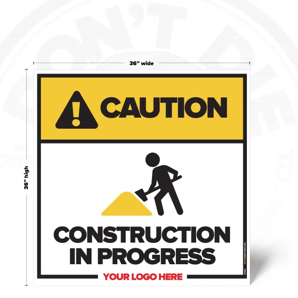 Caution Construction in Progress safety sign, 36 x 36 inch layout with construction worker pictogram
