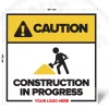 Caution Construction in Progress safety sign, 48 x 48 inch layout with construction worker pictogram