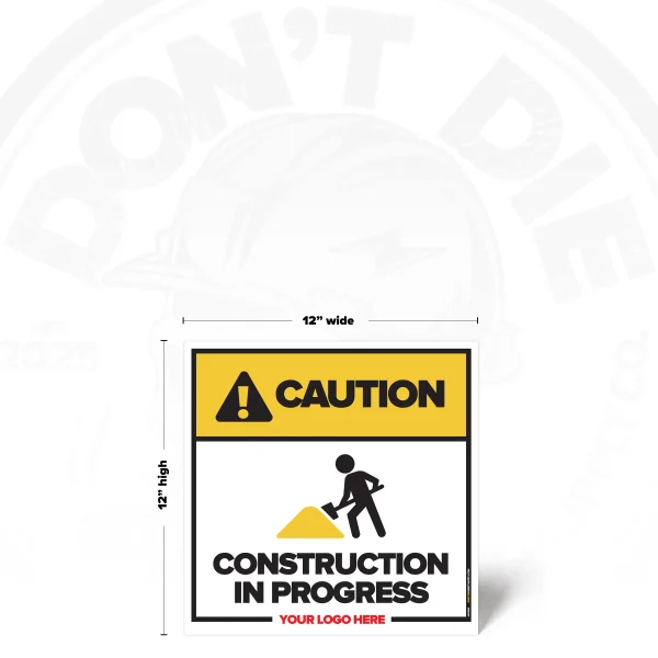 Caution Construction in Progress safety sign, 12 x 12 inch layout with construction worker pictogram