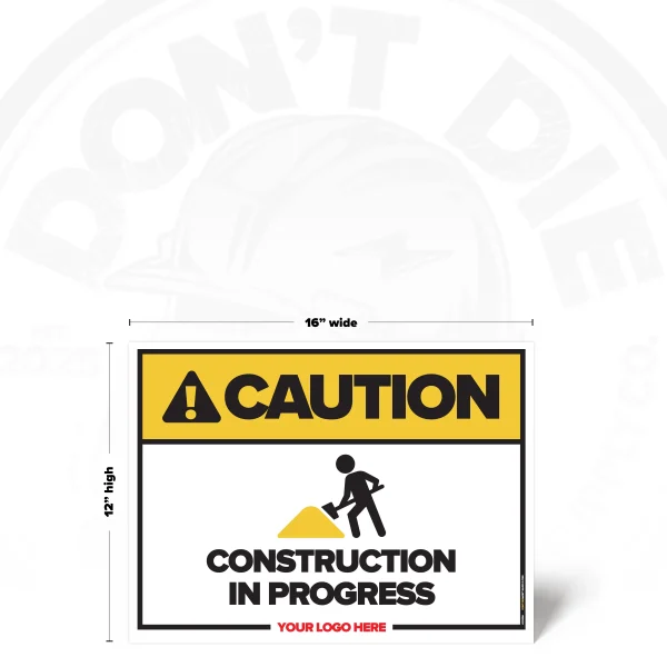Caution Construction in Progress safety sign, 12 x 16 inch layout with construction worker pictogram