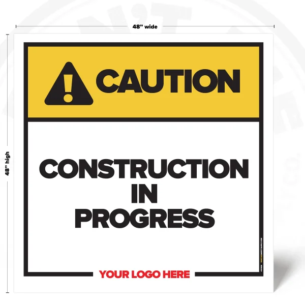 Caution Construction in Progress safety sign, 48 x 48 inch iconless warning design