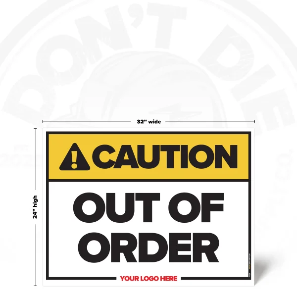 Out of Order safety sign, 24 × 32 inch, yellow CAUTION header and bold black warning text, iconless design